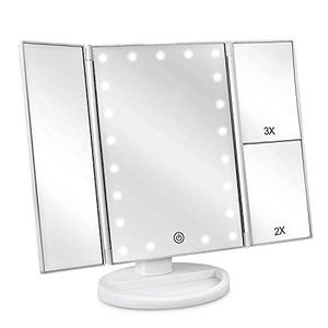 deweisn Floor Mount Tri-Fold Lighted Vanity Mirror with 21 LED Lights, Touch Screen and 3X/2X/1X Magnification, Two Power Supply Modes Make Up Mirror,Travel Mirror