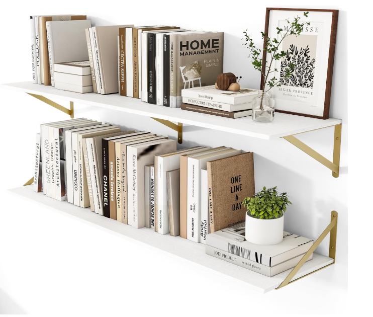 Heimlove 48W x 12D Deep Floating Shelves Set of 2 White & Gold, 48wx12dx5.8h