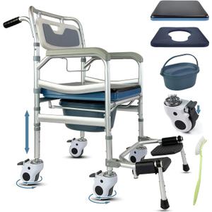 4-in-1 Floding Bedside Commode Chair, Rolling Shower Wheelchair with Arms, 4 Lockable Wheels, Detachable Bucket, Toilet Brush, Height Adjustable & Flip-up Footrest, Padded Mobile Toilet Chair