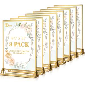 EHWINE 8 Pack Acrylic Sign Holder 8.5 x 11, Double Sided Gold Picture Frame Stand up Table Top Sign Holders, Clear Display Stand Menu Flyer Holder for Wedding Party (Provide Non-slip Mats)