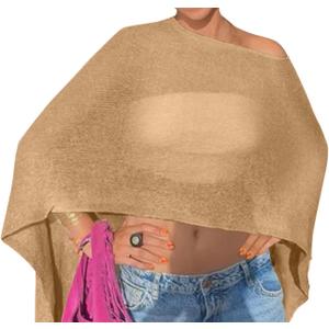 Drop Shoulder Sheer Crochet Vacation Outfits Poncho Sweater Top Summer Beach Cover Up (XX-Large, Khaki)