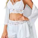 Avidlove Lingerie for Women Lace Pajamas Sets 3 Piece Sexy Cami pjs and Silk Satin Panty With Mesh Lingeries Robe White M