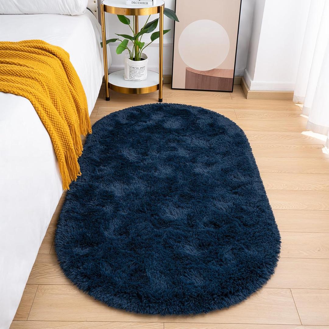 Goideal Fluffy Bedroom Rug, Small Oval Area Rugs, Navy Blue Shag Bedside Carpet for Kids Room Nursery Dorm Cute Fuzzy Indoor Decor for Boy and Girl, 2.6 x 5.3 Feet