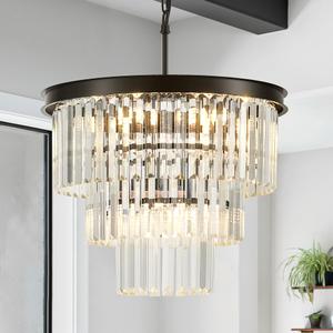 Faibra 8-Light Black Crystal Pendant Light, 3-Tier 17.76" Luxury Crystal Pendant Light Perfect for Dining Room, Bedroom, Kitchen, Living Room