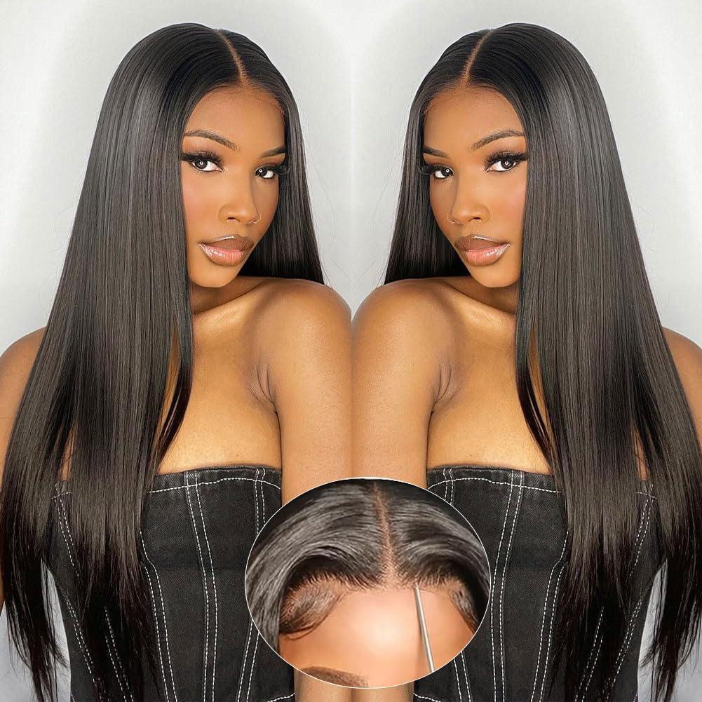 Wear and Go Glueless Wigs Human Hair Pre Plucked Pre Cut 6x4 Straight Lace Front Wigs Human Hair Wigs for Women No Glue Hd Lace Front Closure Ready to Wear Wigs 180% Density Natural Black 28 Inch