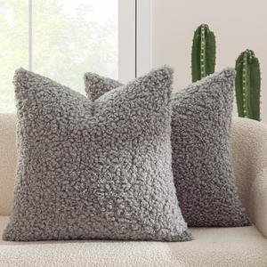 MIULEE Pack of 2 Throw Pillow Covers 18x18 Inch Neutral Gray Faux Fur Decorative Sherpa Pillow Covers Fuzzy Accent Soft Sheepskin Fleece Cushion Cases for Boho Home Decor Couch Living Room Bed