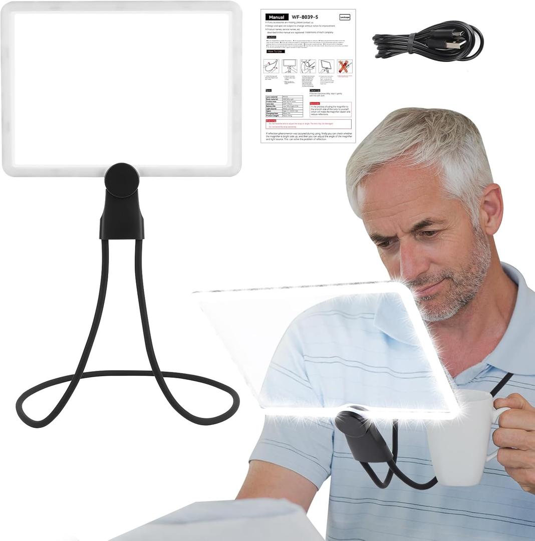 5X Hands Free Magnifying Glass with Light for Reading, Neck Wear Magnifier with Adjustable Brightness 50 Led Lights Flexible Gooseneck Full Book Page Magnifier for Low Vision Seniors with Aging Eyes