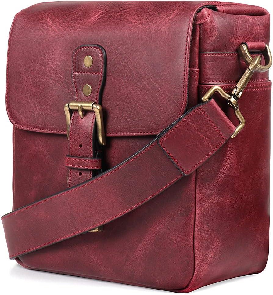 MegaGear Genuine Leather Camera Messenger Bag Mirrorless Portable electronic device cover (Maroon)