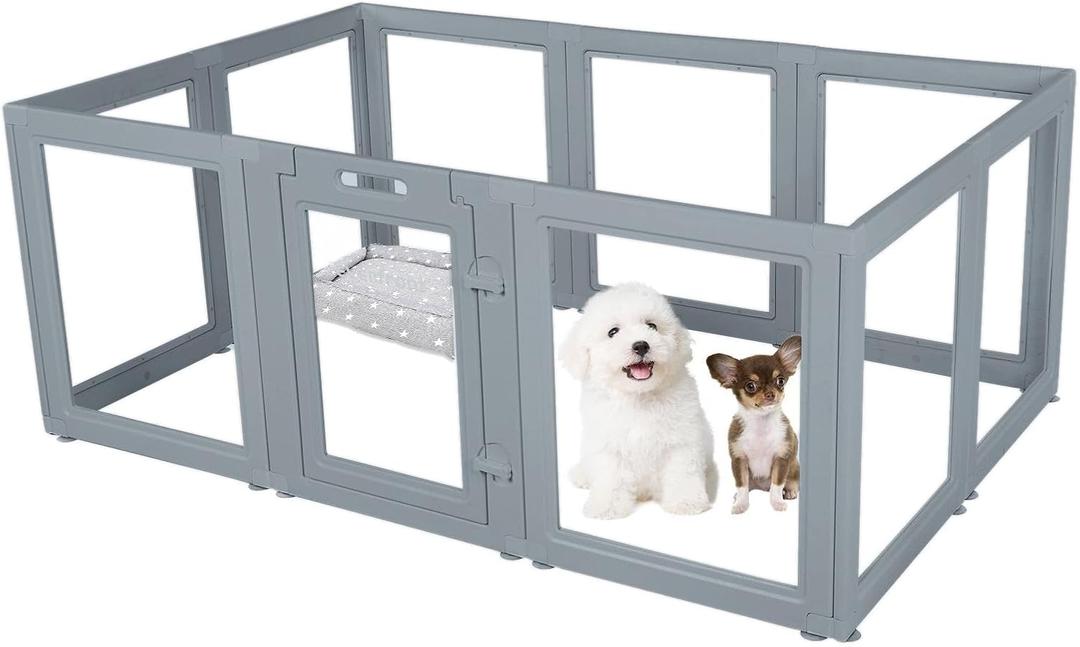 Clear Dog Play Pen - Easy Assemble Durable Plastic Acrylic Dog Playpen - Dog Playpen Indoor, Puppy Playpen, Cat Playpen, Small Animal Playpen, Dog Play Pen Indoors (Grey, 23.6" H, 10PCS)