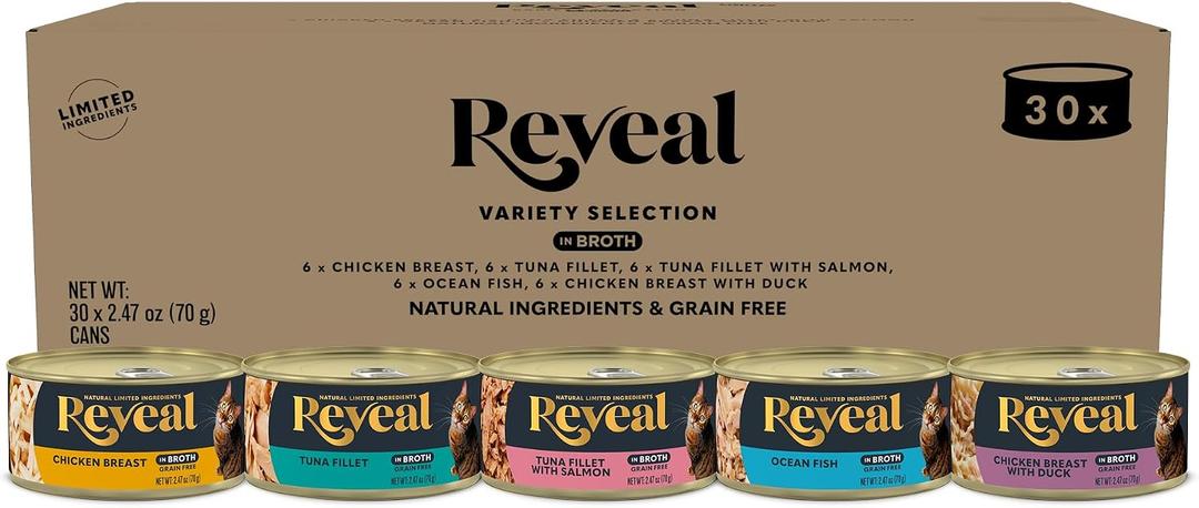 Reveal Natural Wet Cat Food, 30 Count, Grain Free, Limited Ingredient Canned Food for Cats, Fish and Chicken Variety in Broth, 2.47 oz Cans (EXP 06/16/29)