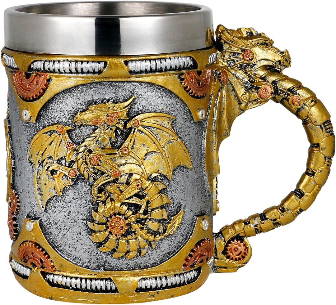 alikiki Medieval Steampunk Dragon Mug - 15.8oz Renaissance Mechanical Dragons Beer Stein Tankard Stainless Coffee Cup Father Day Gift Mug for Dragon Collector Lovers Themed Party Decoration