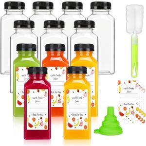 Plastic Juice Bottles with Caps 12 pcs -12oz Reusable Juice Containers with Tamper Proof Lids Black - Clear Bottles for Juicing Milk Smoothie Drinking and Other Beverages Christmas Gifts