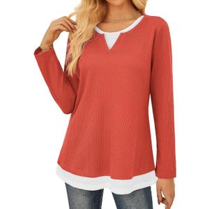 GRACE KARIN Women 2025 Fall Long Sleeve Shirts,Casual Crew Neck Colorblock Tunics,Waffle Knit Fashion Basic Tops (X-Large, Orange)
