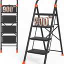 Step Ladder, 900lbs Capacity Heavy Duty Step Stool with Safety Lock, Wide Anti-Slip Pedal, Black Sturdy Step Ladder, Step Ladder 4 Step Folding with Orange Cushioned Handle for Kitchen, Home & Garage