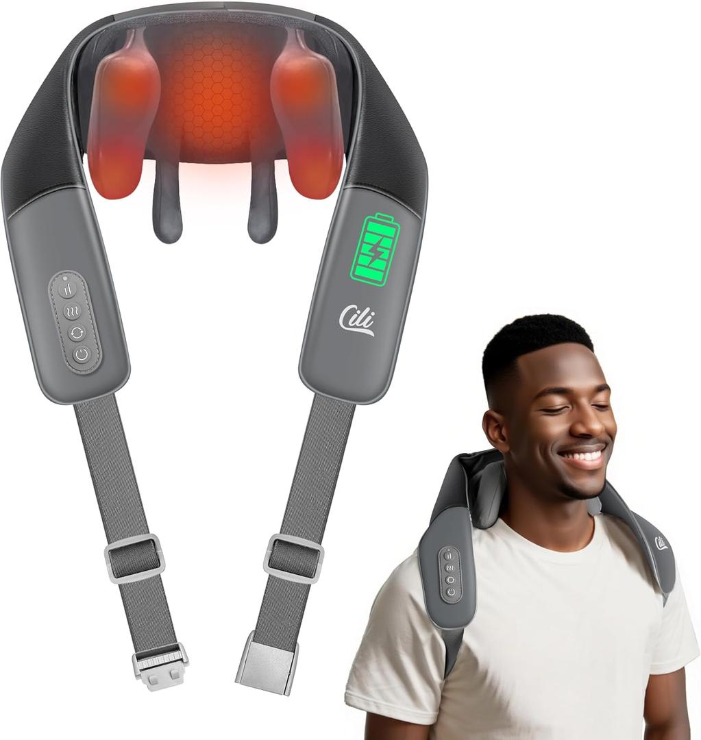 CILI Cordless Massager for Pain Relief Deep Tissue, Shiatsu Neck Back Massager for Pain Relief, 3 Heating Areas & Adjustable Straps, Gifts for Him/Her