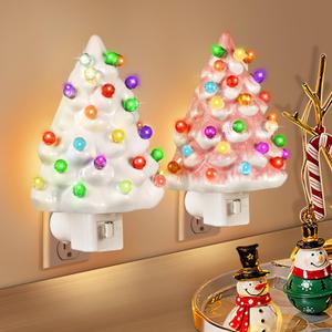 Tfro & Cile Ceramic Christmas Tree Night Light 2 Pack Xmas Decorative Tree Lamp Small Vintage Light Up Bathroom Decor with On/Off Switch for Home Bedroom (White&Pink)