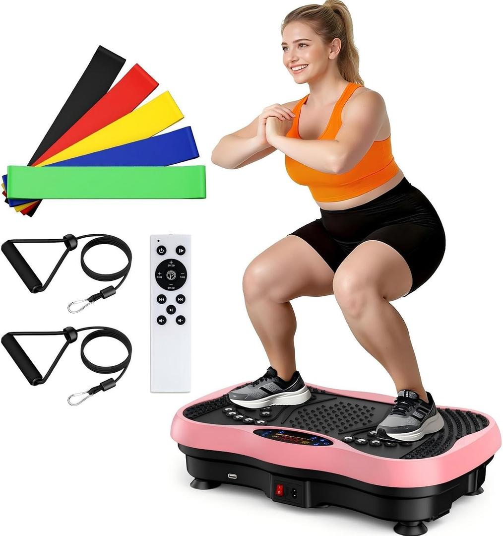 Vibration Plate Exercise Machine for Lymphatic Drainage, Whole Body Home Exercise Vibration Board Equipment with Auto Mode, Bluetooth Resistance Bands Vibrate Fitness Platform for Woman