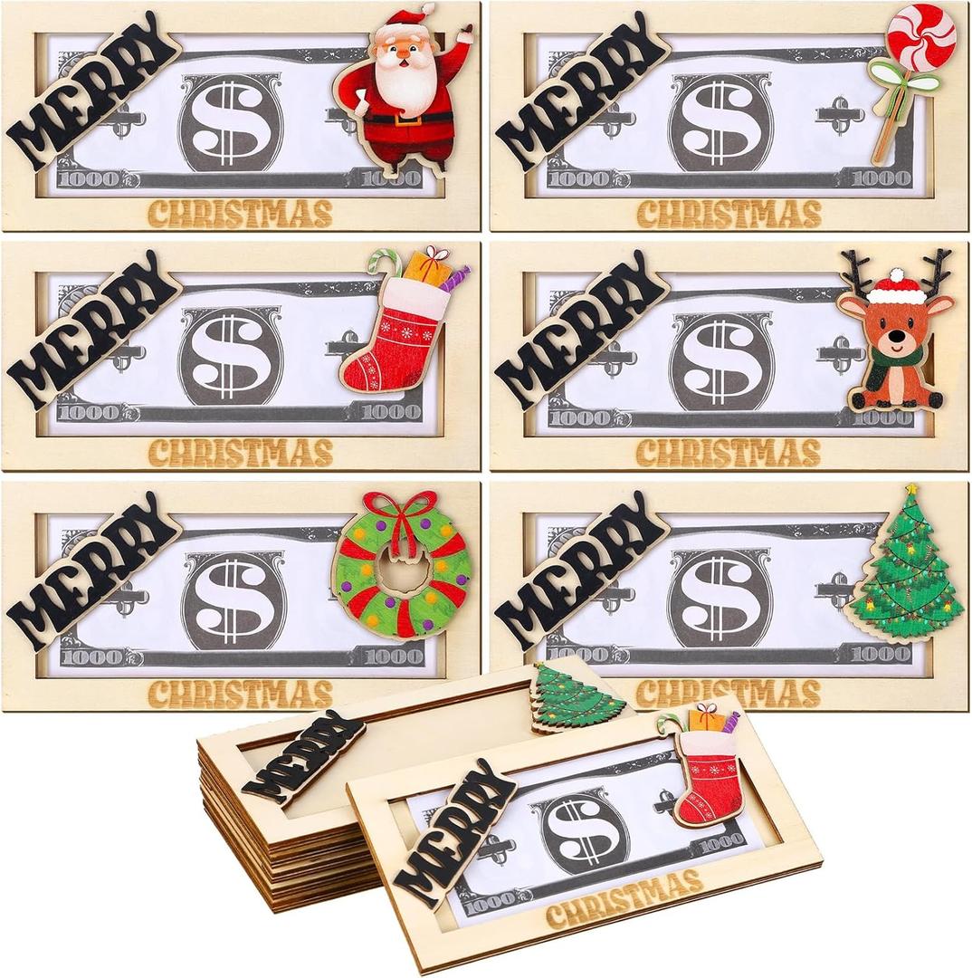 Shinylin 6 Pcs Christmas Money Holders for Cash Wooden Gift for Christmas Card Holder Ornament Gift Envelopes for Cash Wallet DIY Money Present Santa Claus Xmas Tree Hanging Decoration