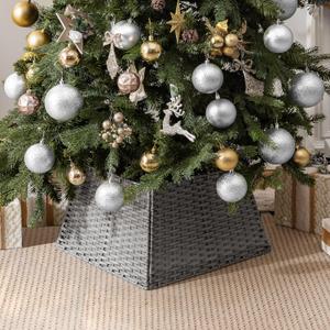 GRANNY SAYS Wicker Christmas Tree Collar for Pencil Tree, Waterproof Decorative Woven Basket Collar for Holiday Decoration, 22" Diameters, Gray