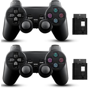 2 Pack Wireless Controller 2.4G double shock Compatible with PS2 /PS1/PC(Jet Black)