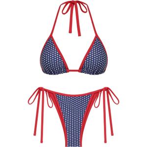 seamoly Contrast Binding Textured Halter Triangle Tie Side Bikini Set, Large