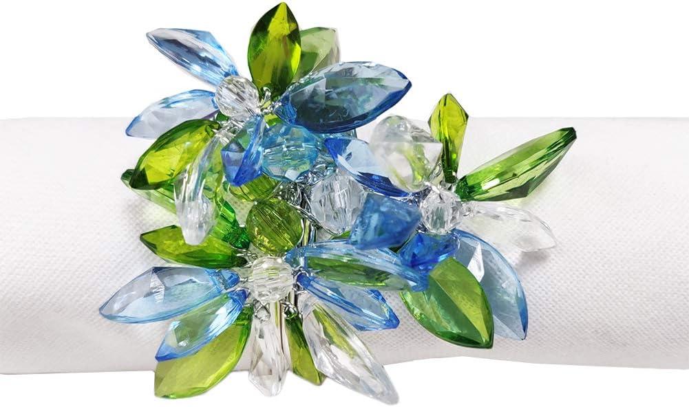 Fennco Styles Unique Multi-Flower Crystal Design Decorative Napkin Rings, Set of 4  Floral Napkin Holders for Home, Dining Table, Holiday Dcor and Special Occasions (Blue Multi)