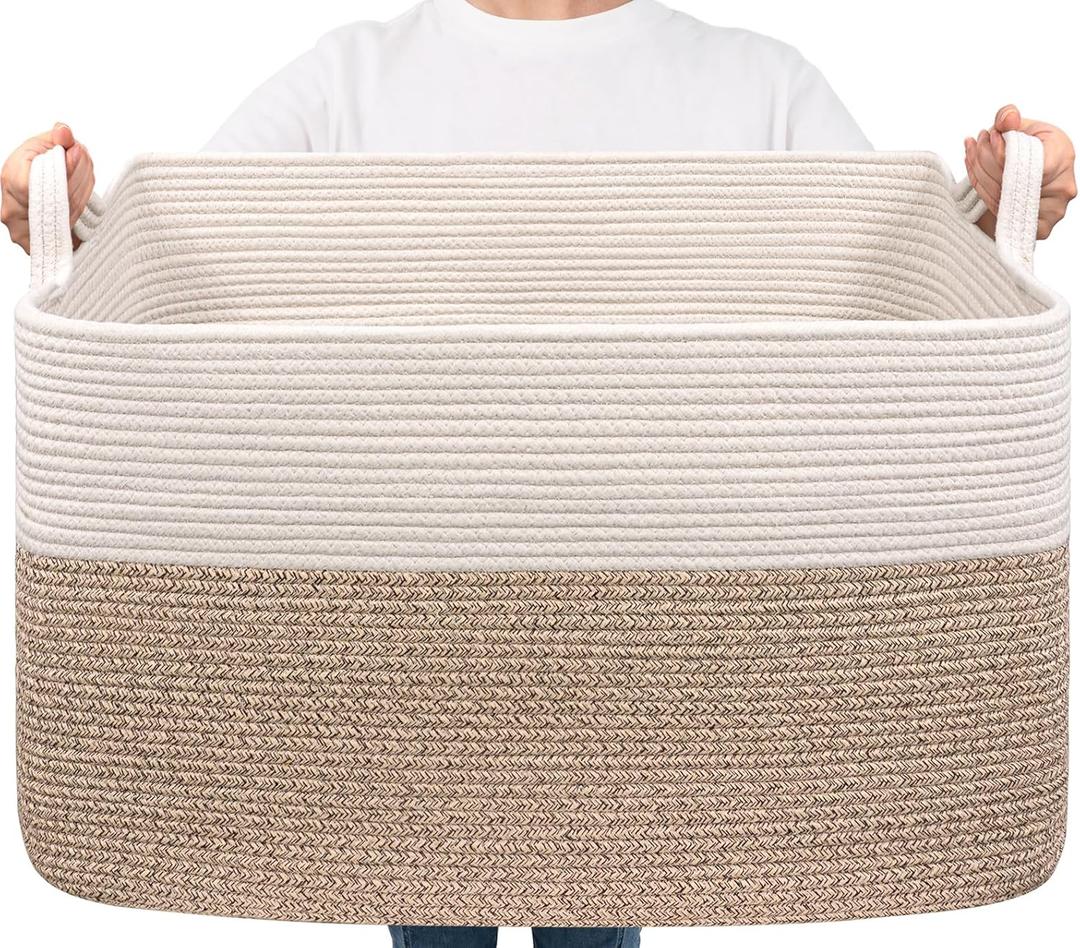 Goodpick Extra Large Woven Blanket Basket, 23.6" x 15.7" x 13.8" Storage Organizer for Blankets, Toys, Dirty Clothes, Rectangle Cotton Rope Basket for Living Room, Nursery, Bedroom (White & Light Brown)