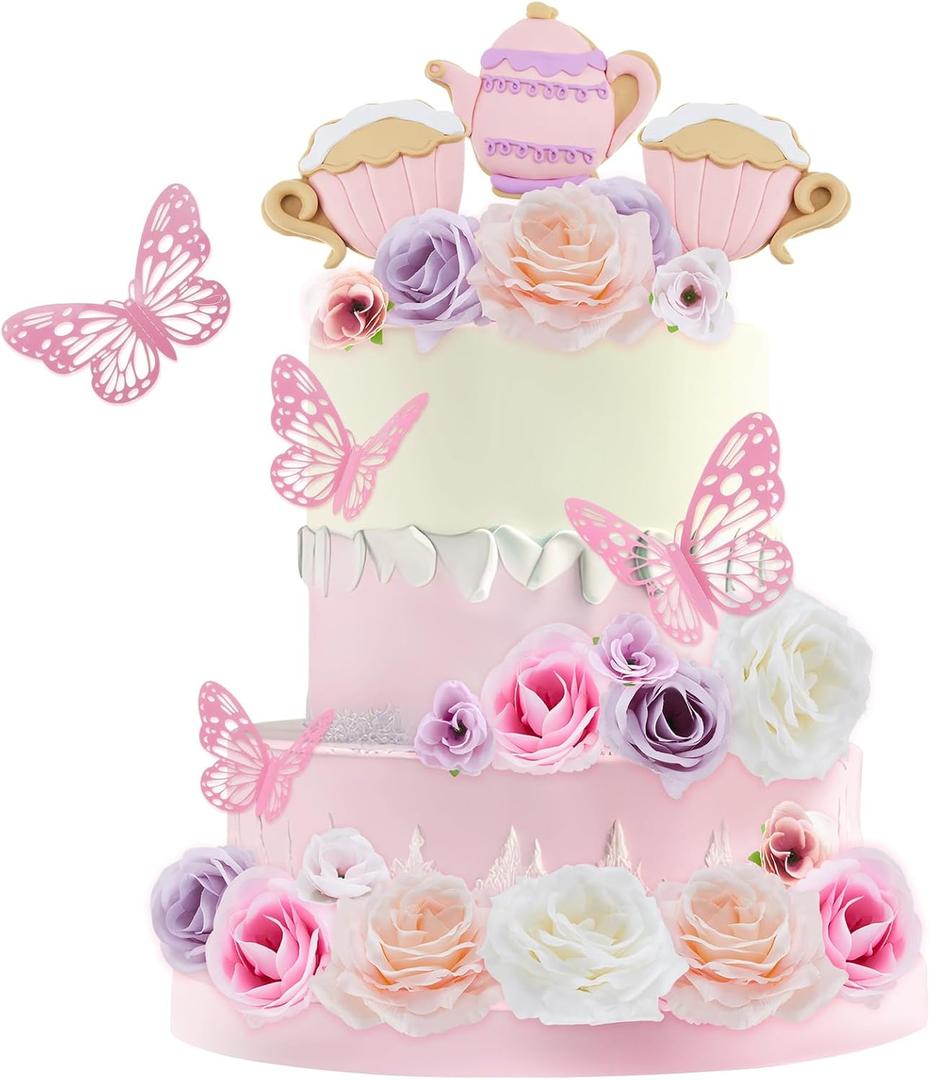 33 Pieces Tea Party Cake Toppers Flower Butterfly Teapot Teacup Floral Birthday Cake Decorations for Wedding Baby Shower Princess Tea Party Supplies