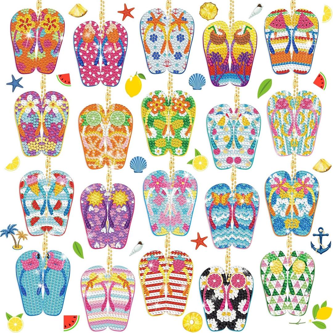 Karenhi 20 Pcs Flip Flop Diamond Painting Keychains Summer Art Keychains Diamond Painting Ornaments DIY Key Ring Kits for Adults Beginners Beach Party Supplies Decor