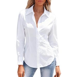 Mutitop Button Down Shirts for Women Long Sleeve Dress Shirts Wrinkle Free Collared Work Office Solid Blouses Corset Tops (Large, All White)