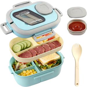 Adults Bento Lunch Box,Salad Container Large 43oz Salad Bowl, Bento-Style Tray for Toppings, 3oz Sauce Container for Dressings, and Built-In Reusable Fork