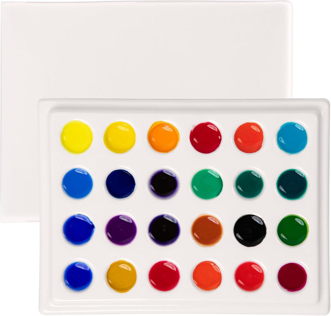 MEEDEN 24-Well Ceramic Watercolor Paint Palette with Cover, Porcelain Mixing Artist Palette 6 by 4-1/2 inch for Artist Watercolor Gouache Painting Coloring
