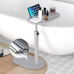 Forevich Bamboo Bathtub Tray Table Bath Side Table with Metal Base Adjustable Height, Portable Freestanding Caddy Tray Tub Shelf for Luxury Bath Home Spa Grey Table and Grey Base