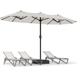 15FT Large Patio Umbrella with Base, Double Sided Rectangular Outdoor Umbrella with Sturdy Fiberglass Ribs, UPF 50+ Sun Protection, Wind-Resistant, Waterproof Fade-Resistant Fabric for Pool, Garden, Backyard, Deck(Creamy-white)