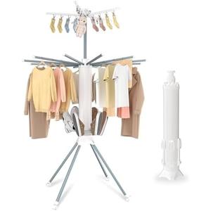 NRSUEN 3 Tier Octopus-Shaped Clothes Drying Rack with Wheels& Sensitive Foot Pedals, 4-Legged Foldable and Portable Standing Rolling Clothes Rack with 16 Rods Aluminum，6 Shoe-Drying Trays& 20 Clips