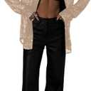 AMPOSSTO Womens Sequins Long Sleeve Collared Shirt Button Down Open Front Shirt Loose Blouses Shirst Tops (M)