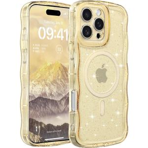 FABSPARK Case for iPhone 15 Pro Max,Compatible with MagSafe,Magnetic Clear Curly Wavy Frame Wave Case with Sparkly Bling Glitter,Transparent Acrylic Hard PC for iPhone 15 Pro Max,Glitter Clear Yellow