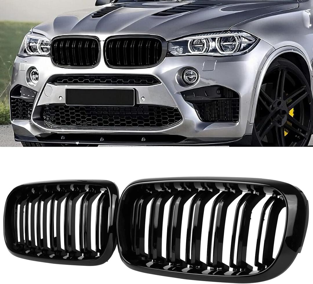F15 Grill, Front Kidney Grille for 2014-2018 X5 Series F15 2015-2019 X6 Series F16 X5M F85 X6M F86 (Double Slats Gloss Black Grills, 2pcs)