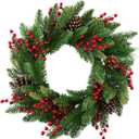 Large Outdoor Christmas Wreath, 24 Inch Christmas Wreaths for Front Door Outside, Farmhouse Indoor Winter Wreath Window, Home Decorations with Pine Cones, Red Berries, Evergreen Leaves