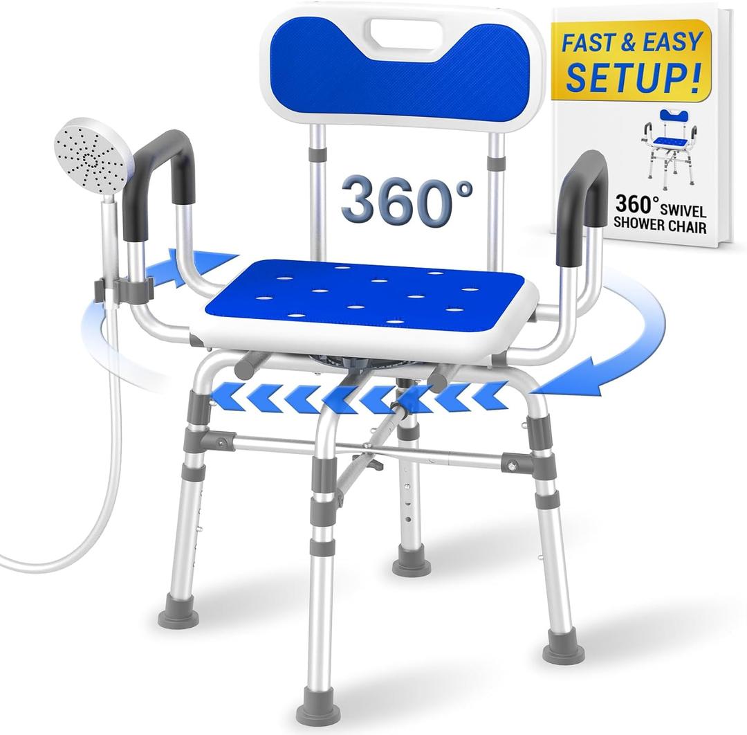 Swivel Shower Chair with Arms and Back, 550 LBS Heavy Duty Shower Chair, Handicap Shower Chair for elderly and disabled, Shower Chair for Inside Shower Stall & Bathroom Bath Tub Seats Adjustable Stool (Large)