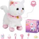 Kids' Touch & Voice Controlled Walking Cat Toy - Lifelike, Meows, Wags Tail, Ages 3-7 (White)