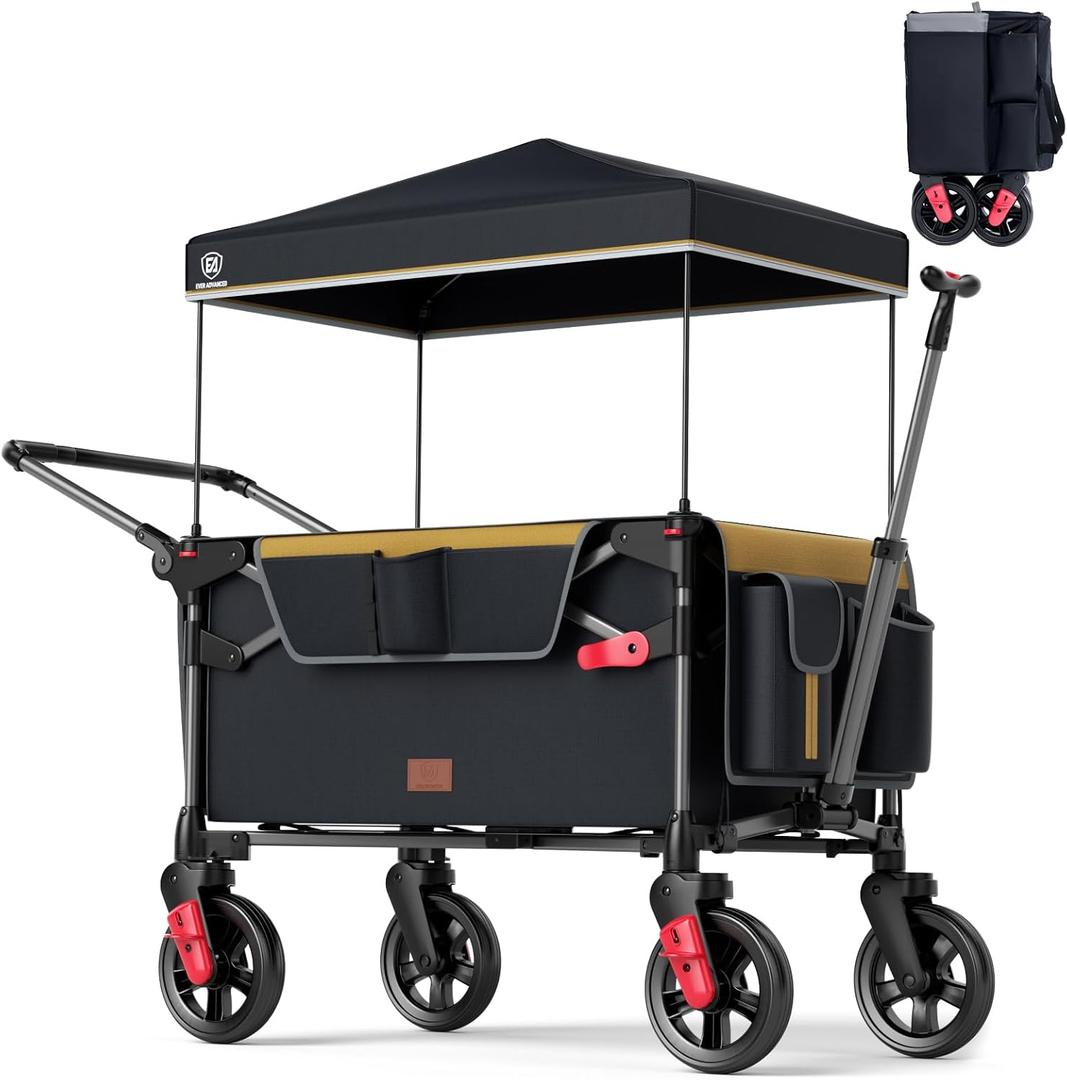 EVER ADVANCED Ultra-Compact Wagon for 2 Kids, Travel Foldable Push Pull Wagon Stroller with Removable Canopy, Adjustable Handles & Harnesses, Black Yellow