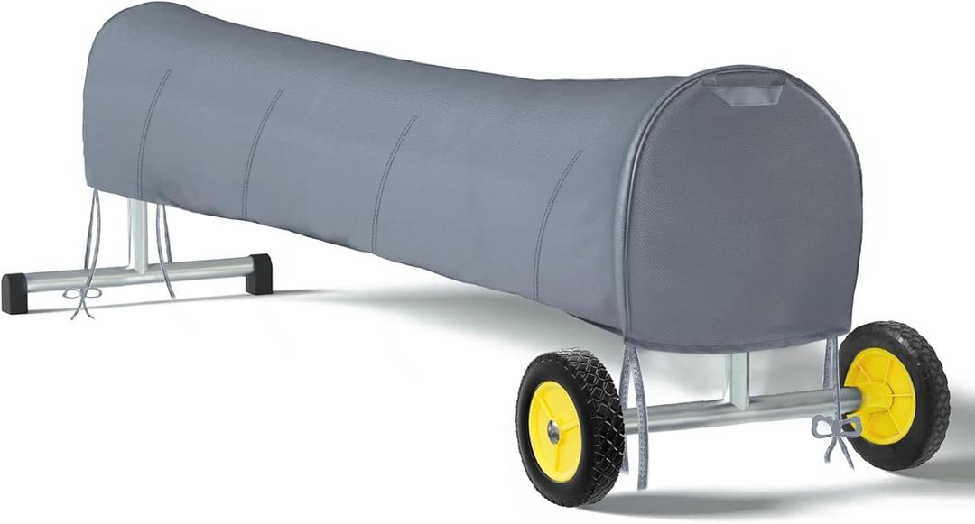 18-20ft Pool Solar Reel Cover, Heavy Duty 600D Oxford Fabric, Upgraded 11-Strap Windproof Design, Weather-Resistant & Sun-Shielding Cover for Inground Swimming Pool Reels, Grey