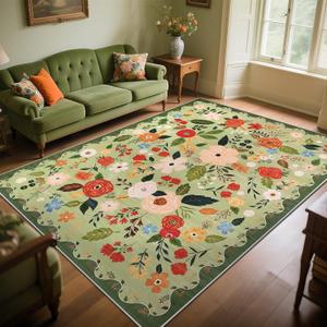U'Artlines 8x10ft Vintage Floral Area Rug Machine Washable Ultra Soft Low Pile Non Slip Non Shedding Accent Floor Carpet for Living Room, Bedroom, Dining Room, Office (Green)