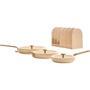 Our Place Essentials Pan Trio, 8-Piece Ceramic Fry Pan Set, Cream, 8 piece