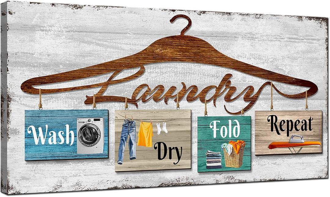 Biuteawal Vintage Laundry Room Wall Art Decor Farmhouse Signs Fold Dry Repeat Picture Painting Rustic Artwork Decorative Home Bathroom Framed
