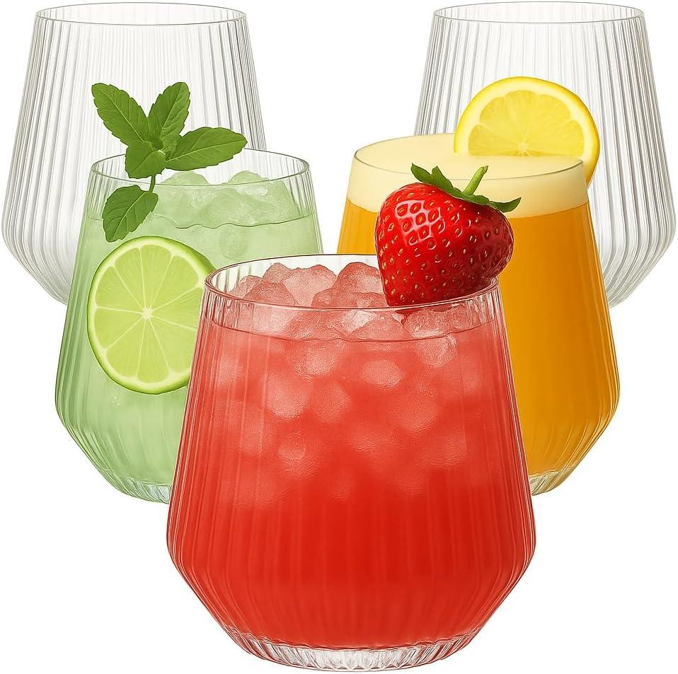36 count Origami Ripple Unbreakable Stemless Plastic Wine Champagne Whiskey Glasses Elegant Durable Disposable Indoor Outdoor Ideal for Home, Office, Bars, Wedding, Ribbed 12 Ounce Cups (Clear) (Clear)