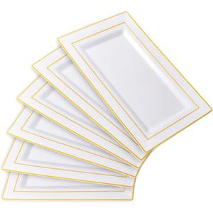I00000 6 Pack Plastic Serving Trays, Gold Rim Disposable Serving Trays, Gold Disposable Serving Platter for Food Party Serving Platters and Plastic Trays 13.97x8.46 inches (White Gold)