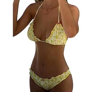 Women Y2k Bikinis Sets Coquette Aesthetic Bows Halter Tie Up Bikini Top High Cut Elastic Waist Bikini Bottom, Lemon Print, Medium Size