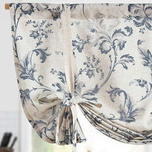 jinchan Tie Up Valance Floral Linen Valance for Windows Farmhouse 54 Inch Damask Printed Short Window Treatment Adjustable for Kitchen Living Room Light Filtering 1 Panel Blue on Beige, Size: 42"W x 54"L (Pack of 1)